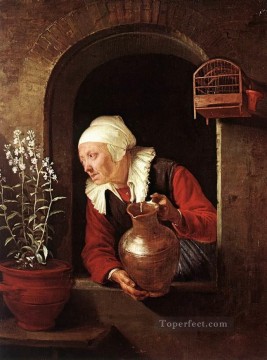 ゲリット・ドゥ Painting - 花に水をやる老女 黄金時代 ゲリット・ドゥ